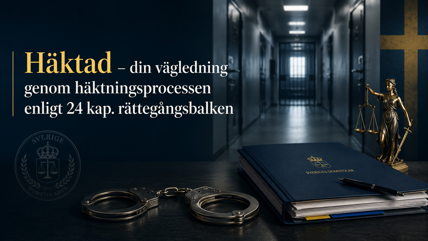 Häktad enligt 24 kap. rättegångsbalken Juridisk illustration om häktning med häktesgång, handfängsel, domstolshandlingar, rättvisans gudinna och svensk rättslig miljö.