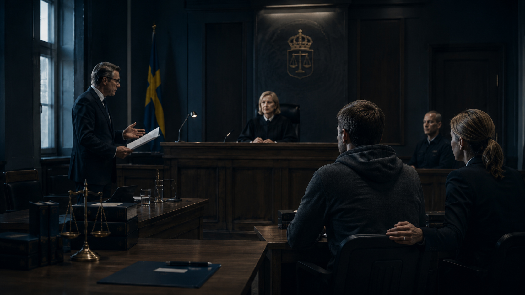 Häktningsförhandlingen-i-tingsratten Juridisk illustration av häktningsförhandling i tingsrätt med domare, åklagare, misstänkt person, försvarare och svensk rättssal.