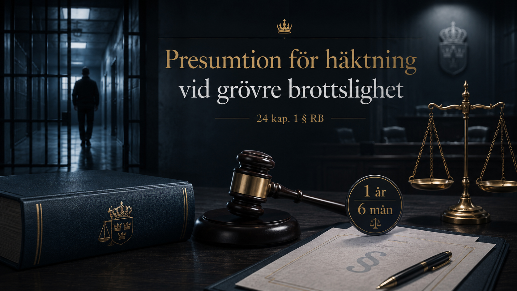 Presumtion för häktning vid grövre brottslighet Juridisk illustration om presumtion för häktning vid grövre brottslighet med häktesmiljö, domarklubba, lagbok, rättvisans våg och symbol för minimistraff ett år och sex månader.